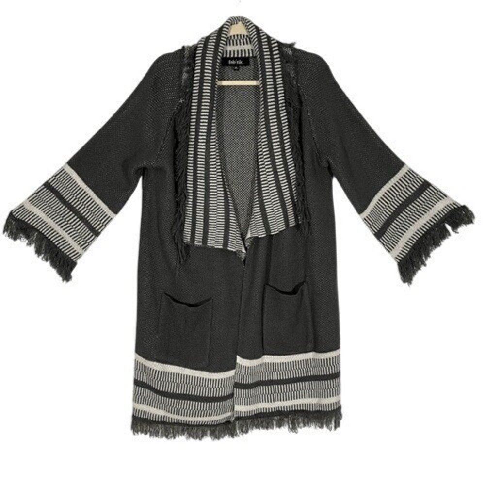Fab'rik Gray‎ White Striped Fringe Cardigan Open Front Pockets Size M
